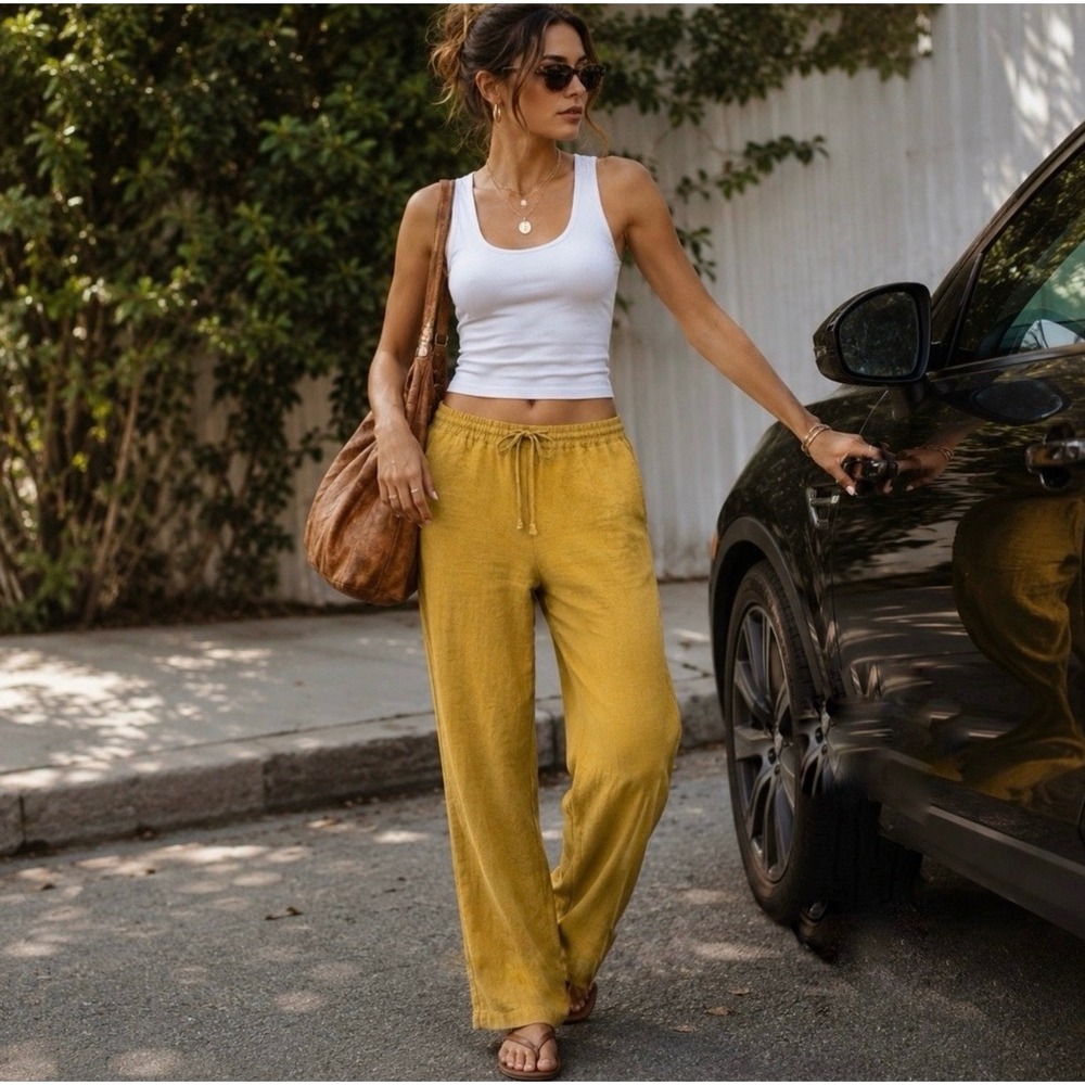 J. Jill Mustard Yellow Linen Blend Drawstring Straight Leg Pants Tall Medium